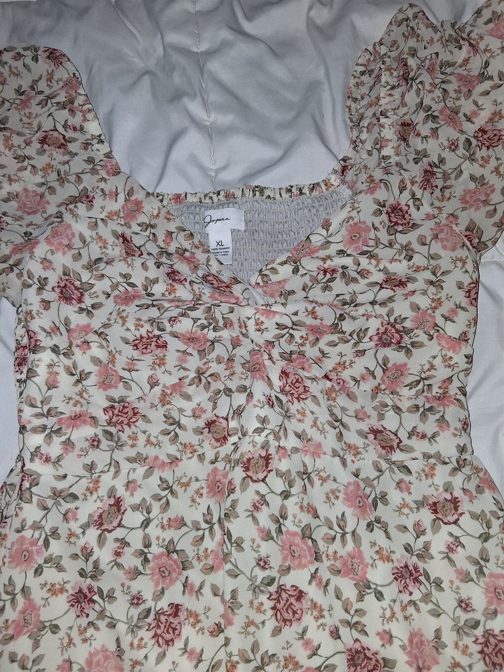 Japna Floral Mini Dress in White with Pink and Brown Roses